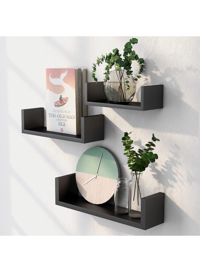 رفوف حائط عائمة للتخزين والعرض – رفوف حائط ديكورية سوداء بتصميم حديث، رف جداري عائم بتصميم ريفي من البلاستيك لترتيب الكتب والإكسسوارات والديكور في الحمام وغرفة النوم والمعيشة والمطبخ، منظم جداري أنيق لتزيين الجدران وتخزين النباتات والإطارات والديكورات - Image 2
