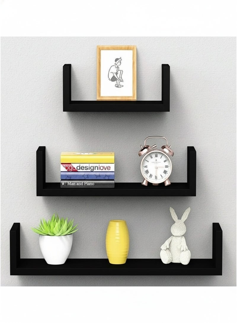 رفوف حائط عائمة للتخزين والعرض – رفوف حائط ديكورية سوداء بتصميم حديث، رف جداري عائم بتصميم ريفي من البلاستيك لترتيب الكتب والإكسسوارات والديكور في الحمام وغرفة النوم والمعيشة والمطبخ، منظم جداري أنيق لتزيين الجدران وتخزين النباتات والإطارات والديكورات - Image 1