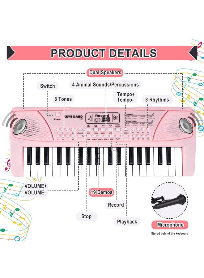 M SANMERSEN Upgraded 37 Key Kids Piano Keyboard With Microphone Music Toys For 3 4 5 6 Year Old Girls Gifts, Pink - Image 3