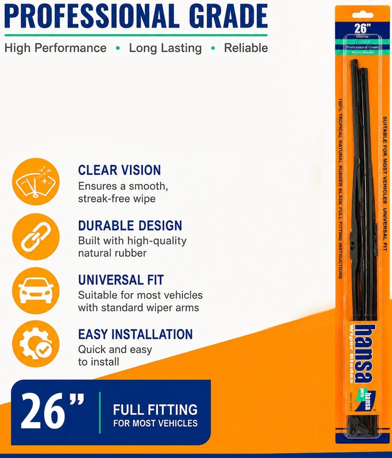 HANSA 26 Inch (660mm) Universal Car Windshield Wiper Blade Pair, Professional Grade Natural Rubber Wiper Blades, Streak Free Windshield Cleaning, All Season Rain Wiper, Metal Frame, Silent Wiping, Clear Visibility, Durable Replacement Blade for Cars, SUVs, Sedans, Purpose: Windshield Cleaning & Safe Driving Erpc WP 10046 . - Image 4