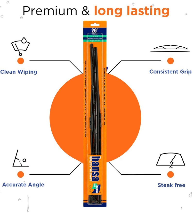 HANSA 26 Inch (660mm) Universal Car Windshield Wiper Blade Pair, Professional Grade Natural Rubber Wiper Blades, Streak Free Windshield Cleaning, All Season Rain Wiper, Metal Frame, Silent Wiping, Clear Visibility, Durable Replacement Blade for Cars, SUVs, Sedans, Purpose: Windshield Cleaning & Safe Driving Erpc WP 10046 . - Image 3