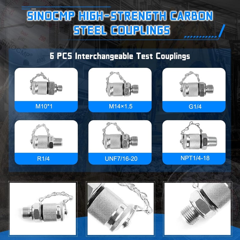 SINOCMP طقم اختبار ضغط هيدروليكي مع 3 عدادات 10/25/40 مPa، 3 خراطيم طويلة 6 وصلات مجموعة اختبار عداد التشخيص لمعدات هندسة البناء للحفارات - Image 3