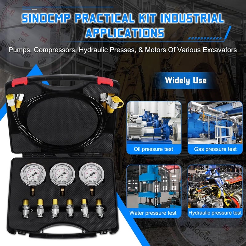 SINOCMP طقم اختبار ضغط هيدروليكي مع 3 عدادات 10/25/40 مPa، 3 خراطيم طويلة 6 وصلات مجموعة اختبار عداد التشخيص لمعدات هندسة البناء للحفارات - Image 5