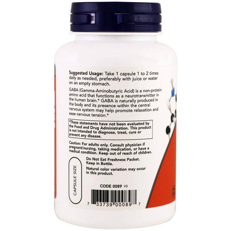 Now GABA Supplement 750 mg Capsules For Neurotransmitter Support, Pack of 100's - Image 2