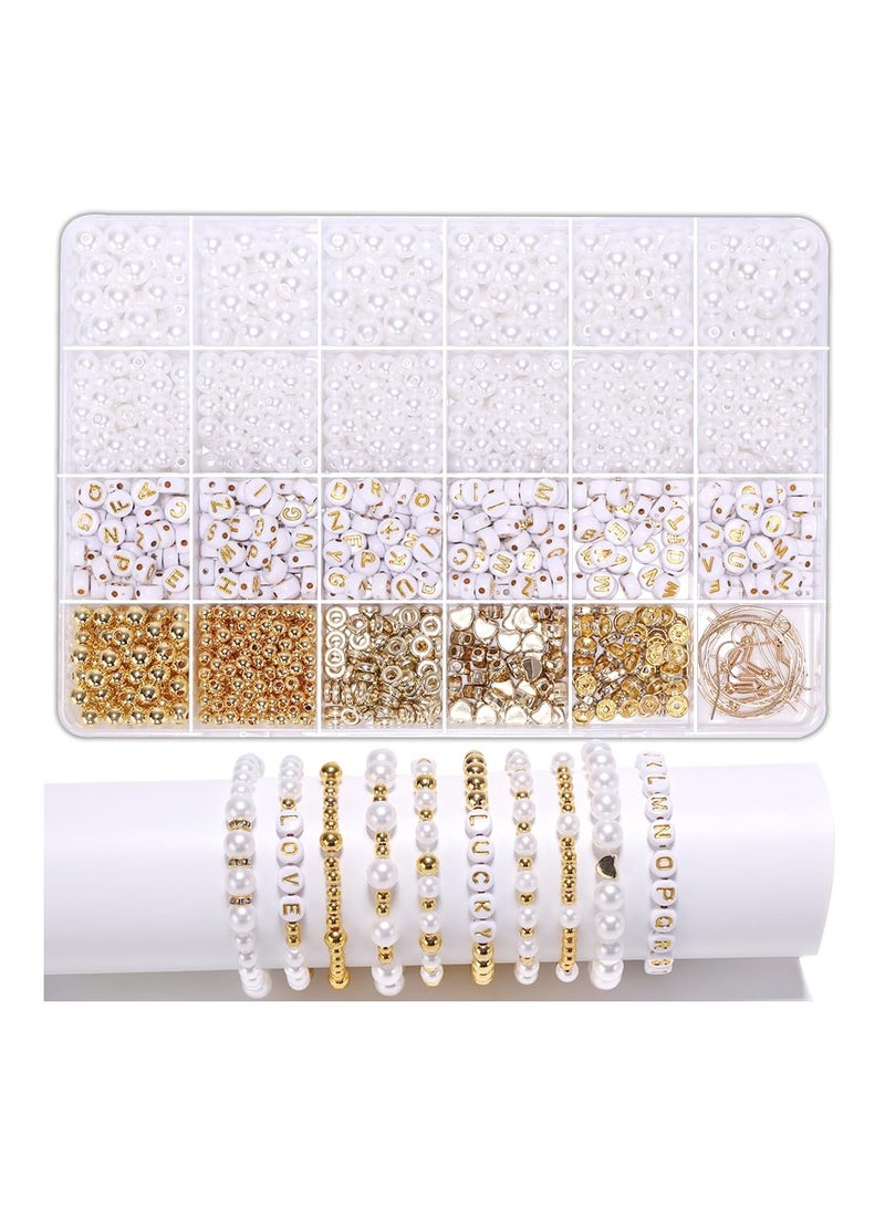 Pearl Beads for Bracelet Making Kit DIY and Gold Spacer Adults Charms Small Smooth Round Disc String Crystal Craft Jewelry Girls Gift - Image 1