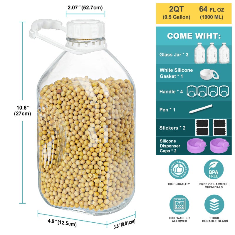Ritayedet 3 Pack 64 Oz Heavy Duty Glass Milk Bottle with 2 Silicone Spouts, 4 Handles and 4 Reusable Airtight SCREW LIDS, 2 Qt Glass Water Bottle with 2 Exact Scale Lines - Milk & Juice Jug Pitcher - Image 2