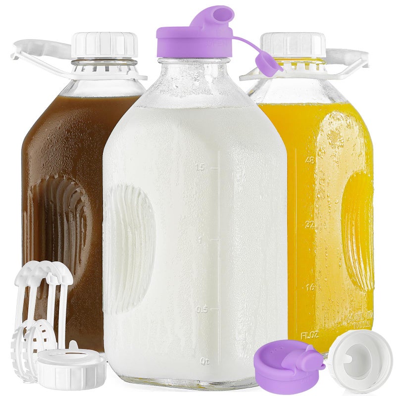 Ritayedet 3 Pack 64 Oz Heavy Duty Glass Milk Bottle with 2 Silicone Spouts, 4 Handles and 4 Reusable Airtight SCREW LIDS, 2 Qt Glass Water Bottle with 2 Exact Scale Lines - Milk & Juice Jug Pitcher - Image 1