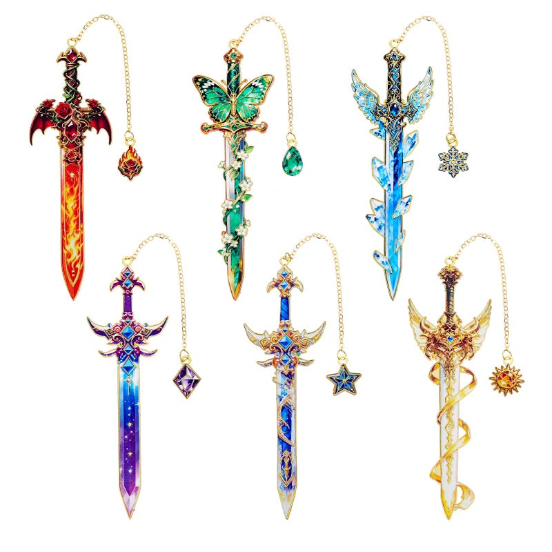 Prudiut 6Pcs Fantasy Sword Metal Bookmarks Set, Cool Wing Bookmark, Fantasy Bookmark Gifts for Book Lover, Reading Accessories for Books Journals Planners, 1.57 x 4.33in - Image 1