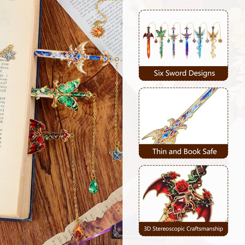 Prudiut 6Pcs Fantasy Sword Metal Bookmarks Set, Cool Wing Bookmark, Fantasy Bookmark Gifts for Book Lover, Reading Accessories for Books Journals Planners, 1.57 x 4.33in - Image 3