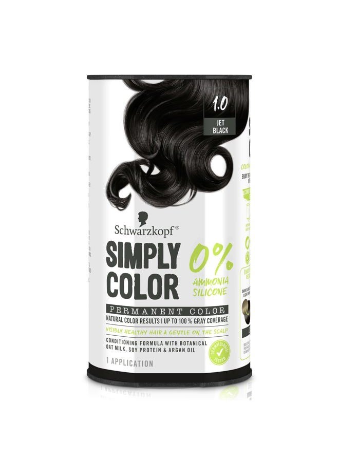 Simply Color Hair Color 1.0 Jet Black, 1 Application - Permanent Hair Dye for Healthy Looking Hair without Ammonia or Silicone, Dermatologist Tested, No PPD & PTD