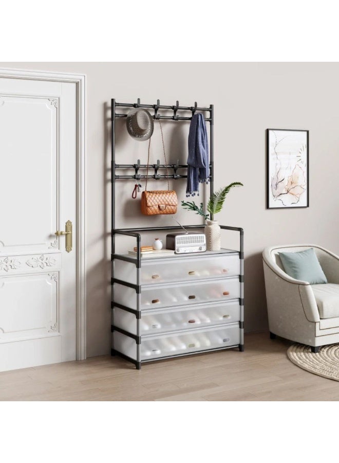 2-in-1 Multi-Functional Home Organizer - 4-Drawer Shoe Rack with Integrated 8-Hook Coat Rack - Image 2