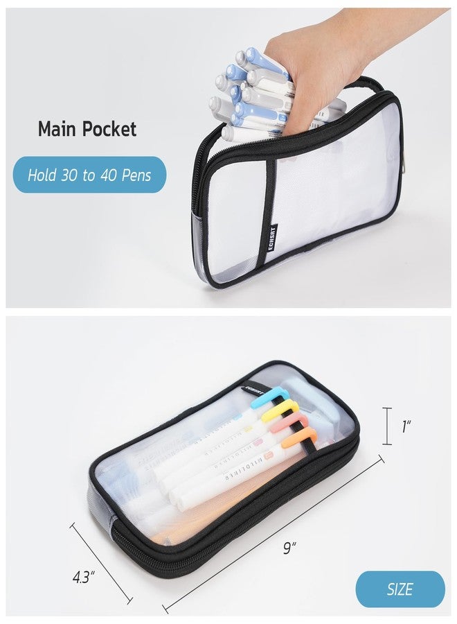 ECHSRT Water-Resistant Mesh Pencil Case with Zipper, Clear Grid Pencil Pouch for School, Office & Travel, 2 Compartments for Pens, Makeup, Art Supplies - Lightweight, Transparent (Black) - Image 3