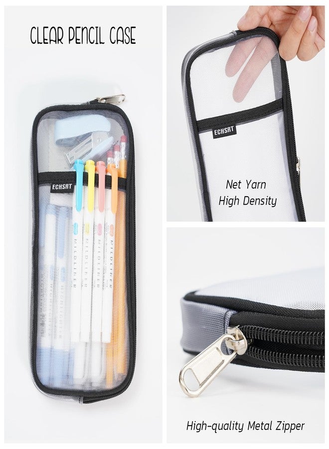 ECHSRT Water-Resistant Mesh Pencil Case with Zipper, Clear Grid Pencil Pouch for School, Office & Travel, 2 Compartments for Pens, Makeup, Art Supplies - Lightweight, Transparent (Black) - Image 4