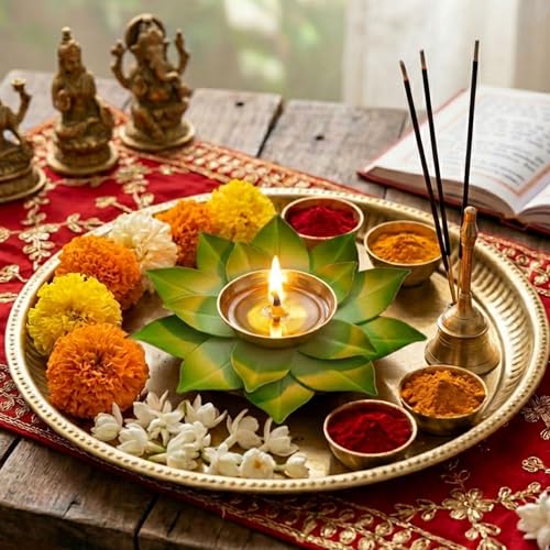EIN SOF Brass Lotus Flower Home Decoration Diya for Puja – 5 inches Pooja & Home Decoration Akhand Diyas , Decorative Diwali Christmas & Return Gift Item - Green - Image 2
