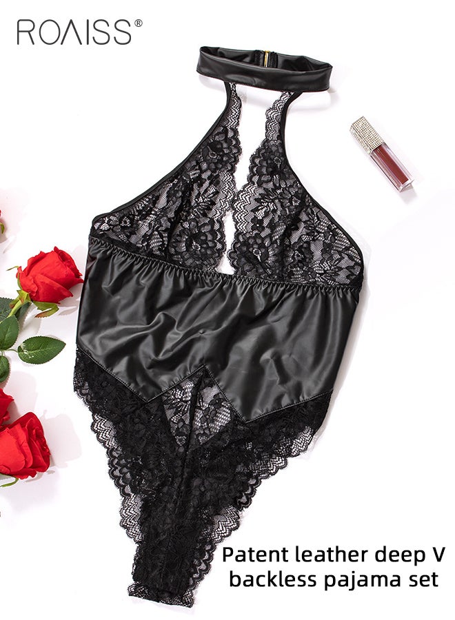 roaiss Halterneck V Neck Lingerie for Women Lace Tight Waist Backless Outfit Bodysuit Ladies Babydolls Underwear Girl Cosplay Costumes Boudoir Outfits - Image 1