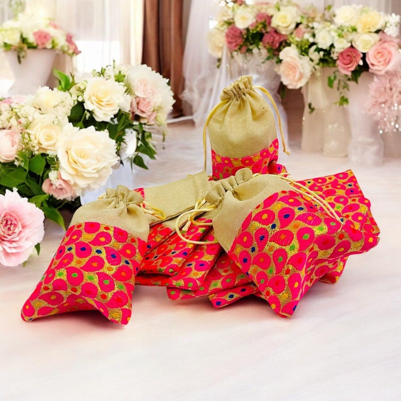 Kriwin Womens Pack Of 25 Pcs Small Size Brocade & Jute Potli Gift Bags (18 X 12 Cm) Magenta & Beige - Image 5
