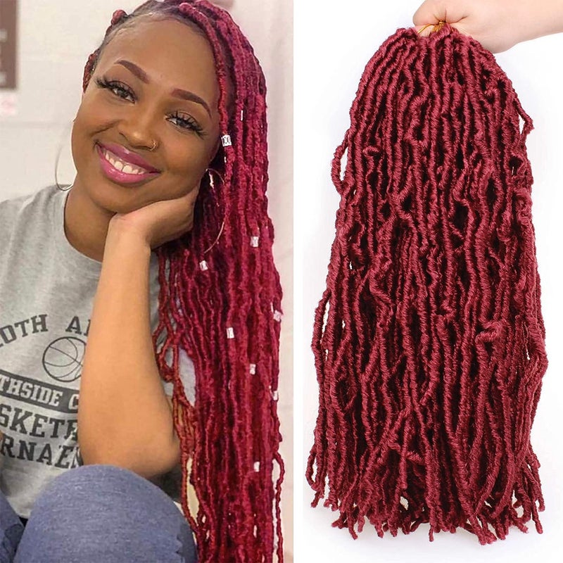 Leeven 18 Inch 7 Packs Synthetic New Soft Locs Crochet Hair 126 Roots Burgundy Messy Faux Locs Crochet Braids Hair For Women Curly Wavy Goddess Faux Locs Afro Roots Hair Extensions BUG# - Image 1