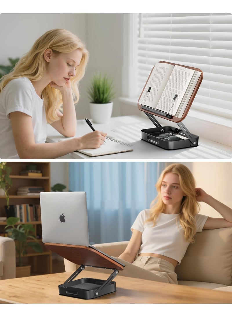 Book Stand, Rotatable Wooden Book Display Stand with Height Adjustment, Foldable Metal Base, Built-in Small Organiser, Ideal for Study, Reading, or Music Practice, for Tablet/Laptop - Image 2