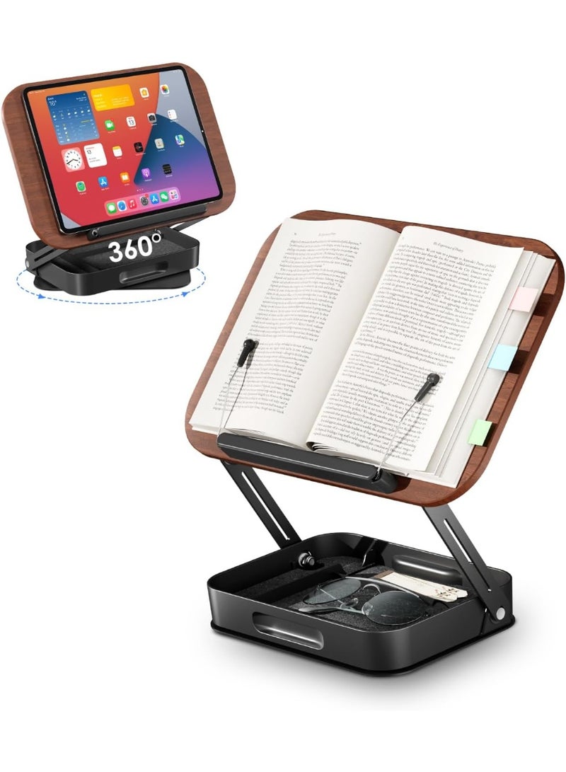 Book Stand, Rotatable Wooden Book Display Stand with Height Adjustment, Foldable Metal Base, Built-in Small Organiser, Ideal for Study, Reading, or Music Practice, for Tablet/Laptop - Image 1