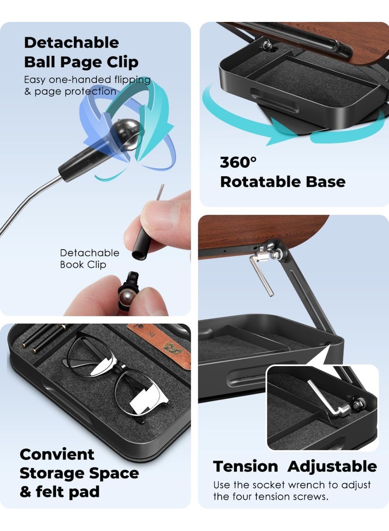 Book Stand, Rotatable Wooden Book Display Stand with Height Adjustment, Foldable Metal Base, Built-in Small Organiser, Ideal for Study, Reading, or Music Practice, for Tablet/Laptop - Image 5