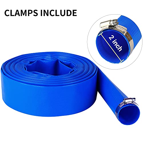 Geowaky 2" x 50 FT Pool Backwash Hose Blue Heavy Duty Reinforced PVC Lay Flat Water Discharge Hose for Swimming Pool Filter Pump,with 2 Clamp - Image 3