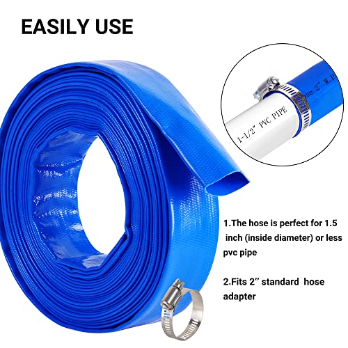 Geowaky 2" x 50 FT Pool Backwash Hose Blue Heavy Duty Reinforced PVC Lay Flat Water Discharge Hose for Swimming Pool Filter Pump,with 2 Clamp - Image 5