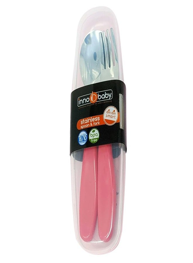 Innobaby Din Din Smart EZ Grip Spoon and Fork with Carrying Case, Utensil Set for Kids and Toddlers, BPA Free (Pink) - Image 1