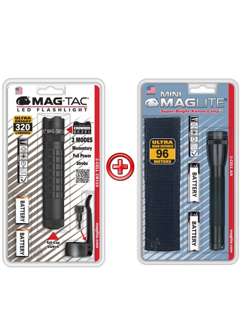 Pack of Maglite Mag-Tac LED Flashlight Crowned Bezel 2-Cell & Mini Maglite Incan 2 Cell AA Black, Holster Combo Pack