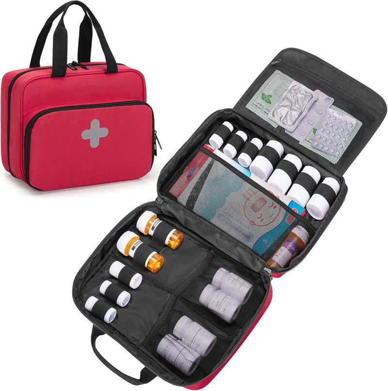 CURMIO Pill Bottle Organizer Portable Medicine Bag, Lockable Prescription Bottle Storage for Pill Bottles, Vitamins, Medical Supplements for Home Storage and Travel, Red (Empty Medicine Bag)