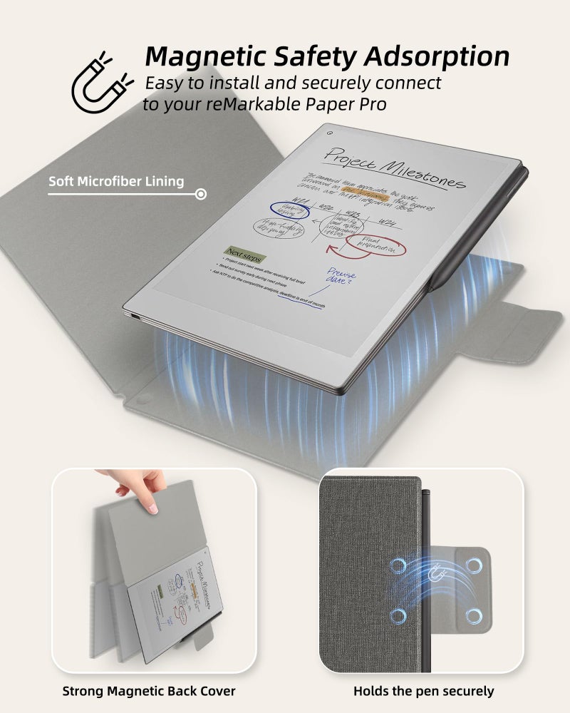 WALNEW Case for Remarkable Paper Pro,Magnetic Slim Book Folio Cover with Pen Clasp, Auto Sleep/Wake Protective Cover for Remarkable Paper Pro 11.8" (2024 Released),Gray - Image 3