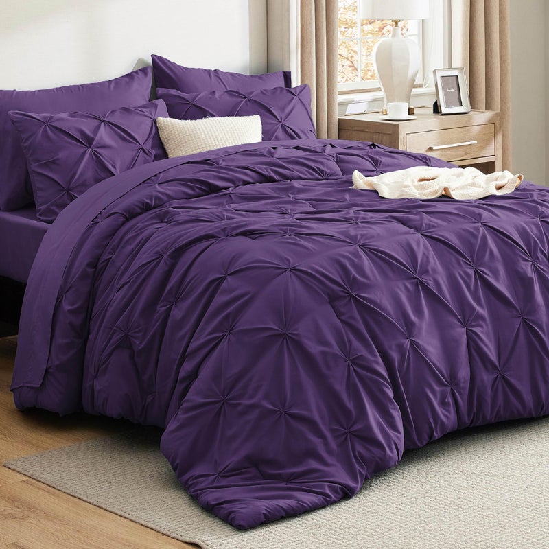 Bedsure Queen Comforter Set Purple - Bed in a Bag Queen Size Bedding 7 Pieces, GentleSoftâ„¢ Pintuck Bed Set Gift for Family, Pinch Pleat All Season Comforter with Sheets, Pillowcases & Shams - Image 1