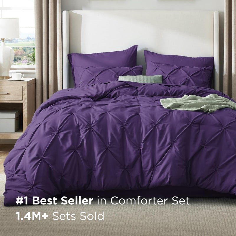 Bedsure Queen Comforter Set Purple - Bed in a Bag Queen Size Bedding 7 Pieces, GentleSoftâ„¢ Pintuck Bed Set Gift for Family, Pinch Pleat All Season Comforter with Sheets, Pillowcases & Shams - Image 2