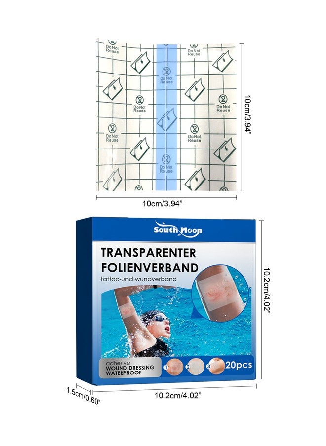 SOUTH MOON - 20 Pieces Shower Waterproof Patch Transparent Stretch Adhesive Bandage Waterproof Clear Adhesive Bandages Tattoo Protective Transparent Film Adhesive Bandages for Tattoos (4 x 4 Inch) - Image 1