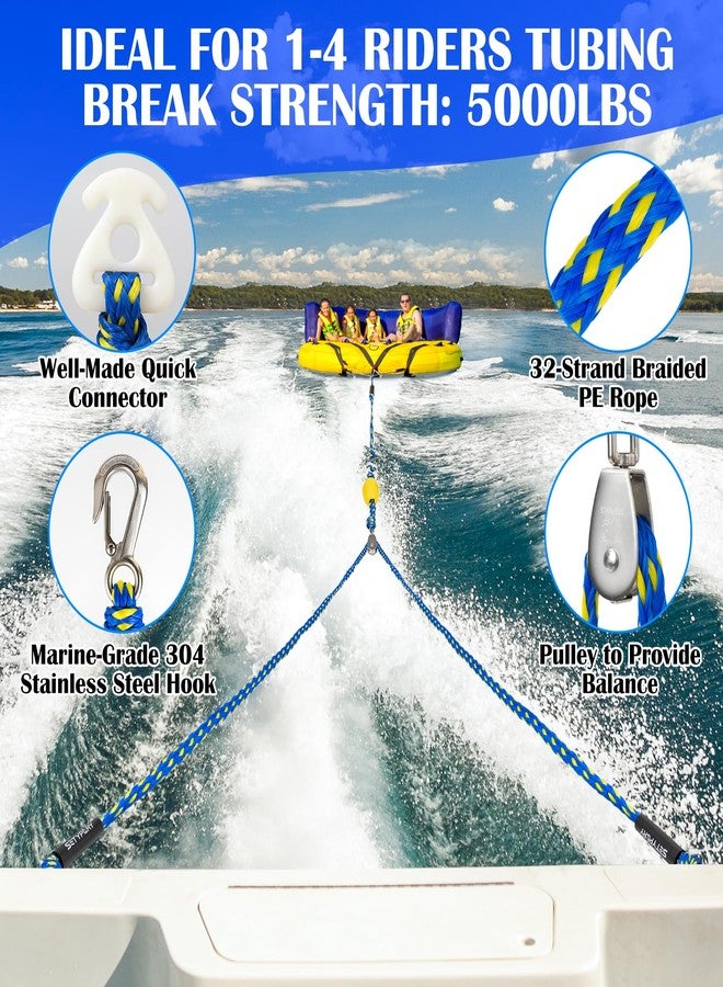 SETYPARY Boat Tow Harness for Tubing, Self Centering Tow Harness for 1-4 Riders Towable Tubes, Floating Boat Tow Rope for Watersports (Blue & Yellow) - Image 2