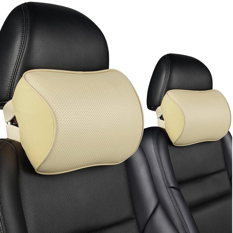 Aukee Car Neck Pillow Soft Memory Foam Leather Headrest for Driving Home Office Beige Pack of 2