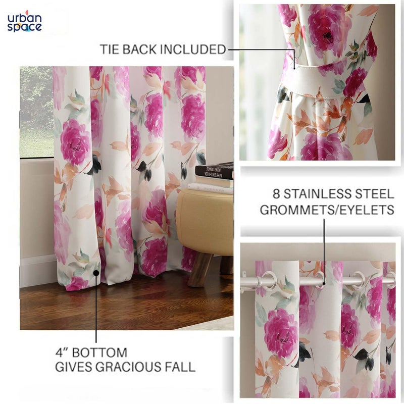 Urban Space ستائر تعتيم حضرية سوداء 5 أقدام مجموعة من 2 للنافذة مطبوعة رقمياً مع عيون 8085 ستائر تعتيم للغرفة لغرفة المعيشة مع رباط شامل رسم زهور وردي 5 أقدام - Image 5