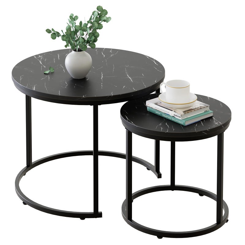 aboxoo Round Nesting Coffee Table Side Set of 2 End Tables for Living Room Bedroom BalconyBlack Faux Marble Wooden Table 236IN Accent Large Coffee Table with Steel Frame