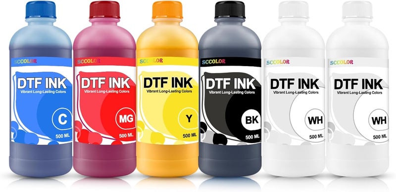 SPLENDIDCOLOR DTF INK Combo Pack 500ML-Premium Direct-to-Film Transfer Ink for PET Film Compatible for Printheads L1800 L805 R1390 4720 I3200 XP600 DX7 DX5 5113(2 White,1 Black,1 Cyan,1 Magenta,1 Yellow) - Image 1