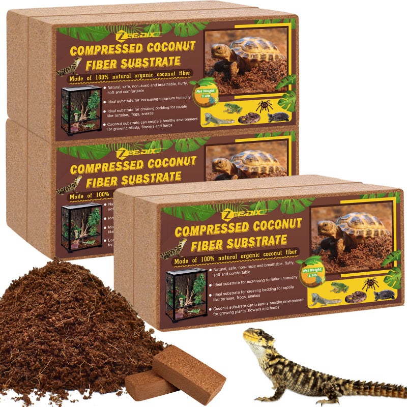 ZeeDix 6 Pack Coconut Fiber Substrate, 100% Organic Coconut Husk Coco Coir Brick Terrarium Bedding for Reptiles, Tortoise, Bearded Dragon, Leopard Gecko, Snake, Hermit Crabs, Frogs, Tarantula - Image 1