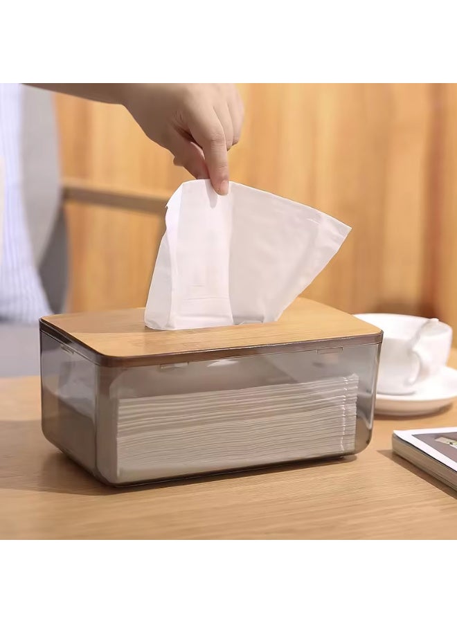 Transparent Plastic Facial Tissue Box With Bamboo Cover - Image 3