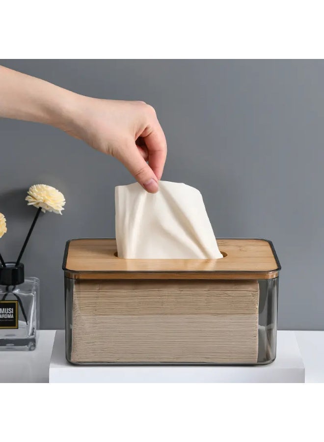 Transparent Plastic Facial Tissue Box With Bamboo Cover - Image 1
