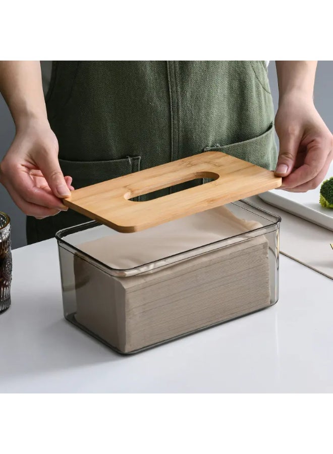 Transparent Plastic Facial Tissue Box With Bamboo Cover - Image 2