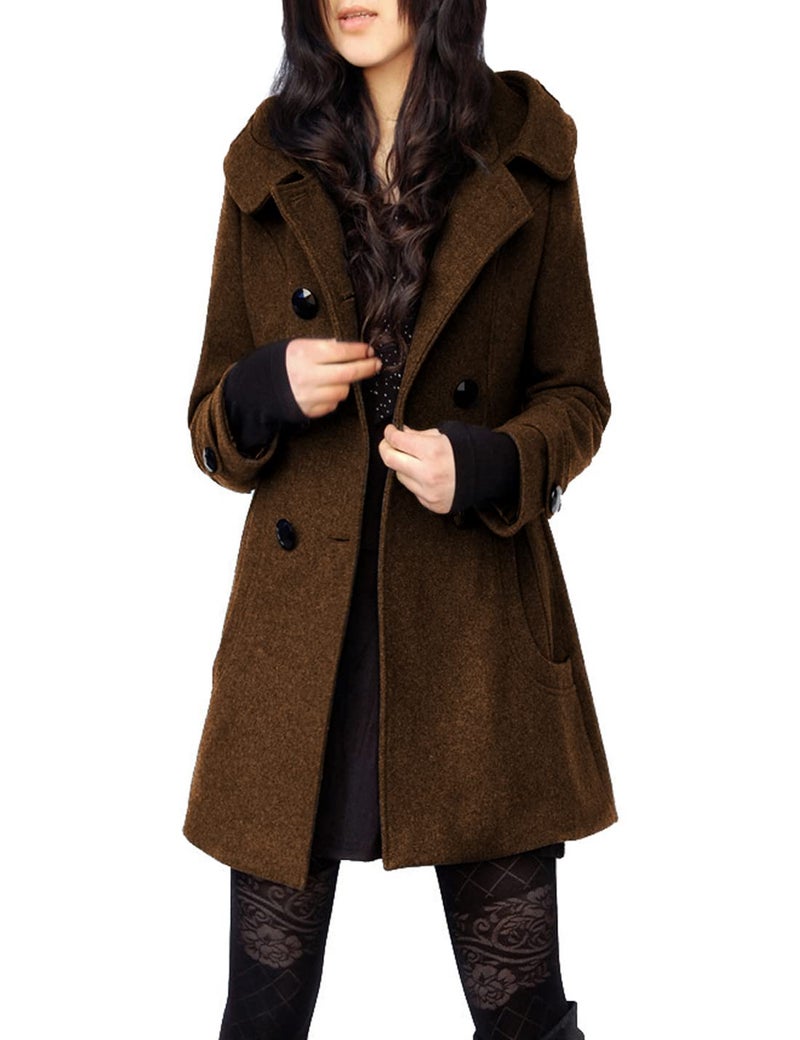 Tanming Women's Warm Double Breasted Wool Pea Coat Trench Coat Jacket with Hood (Brown-M) - Image 1