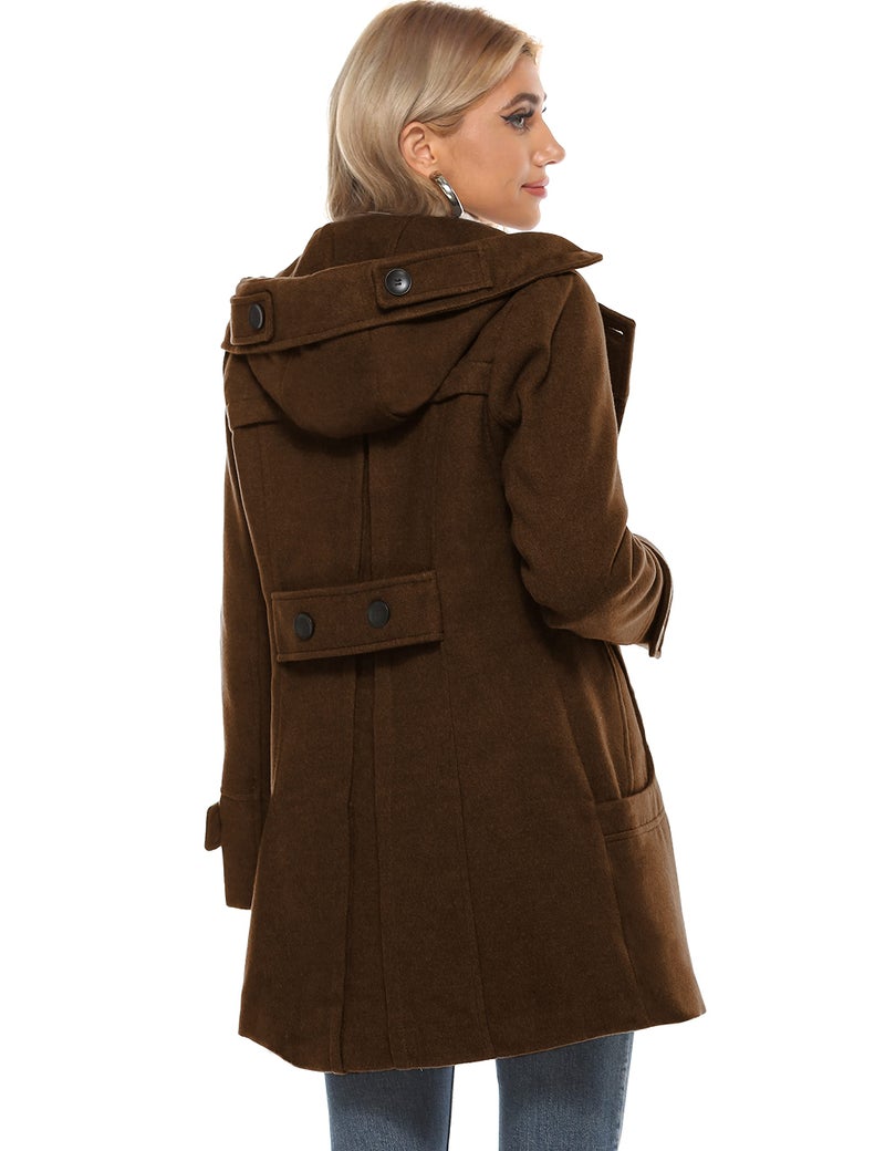 Tanming Women's Warm Double Breasted Wool Pea Coat Trench Coat Jacket with Hood (Brown-M) - Image 3