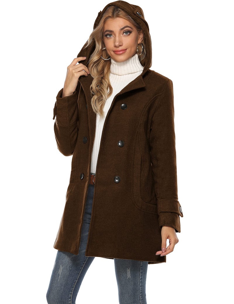 Tanming Women's Warm Double Breasted Wool Pea Coat Trench Coat Jacket with Hood (Brown-M) - Image 2