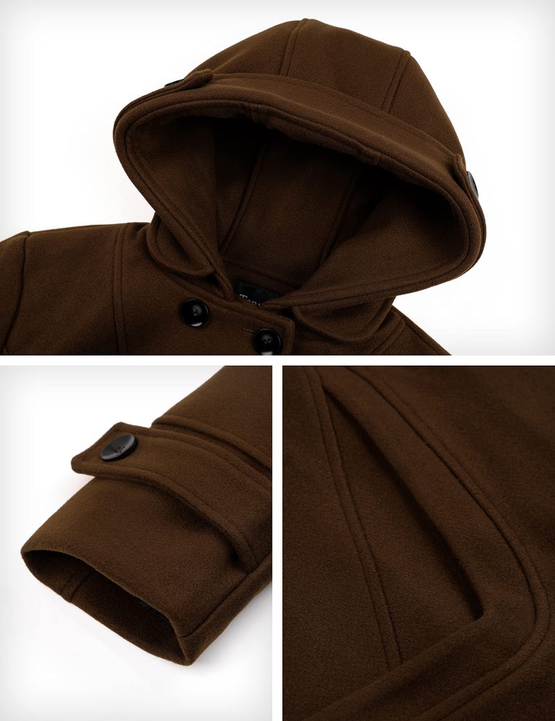 Tanming Women's Warm Double Breasted Wool Pea Coat Trench Coat Jacket with Hood (Brown-M) - Image 4
