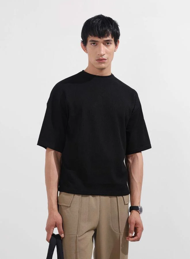 The Indian Garage Co Men Boxy Fit Textured Crew Neck Half Sleeves T-Shirt