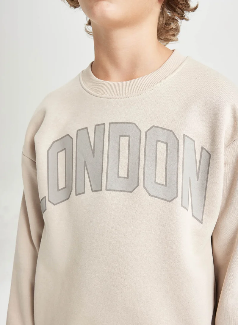 DeFacto Beige Oversized Fit Crew Neck Thick School Sweatshirt