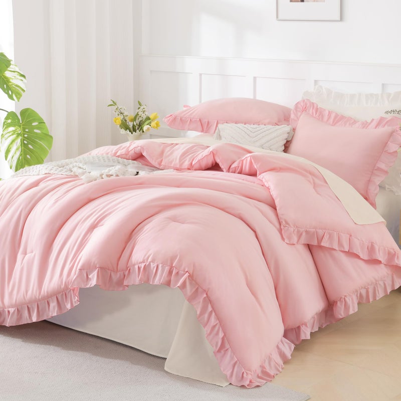 Andency Pink Comforter Set Queen Size 3 Pieces Solid Pink Ruffle Shabby Chic Comforter Set for Queen Bed All Season Vintage Rustic Soft Microfiber Bedding Set for Women Girls