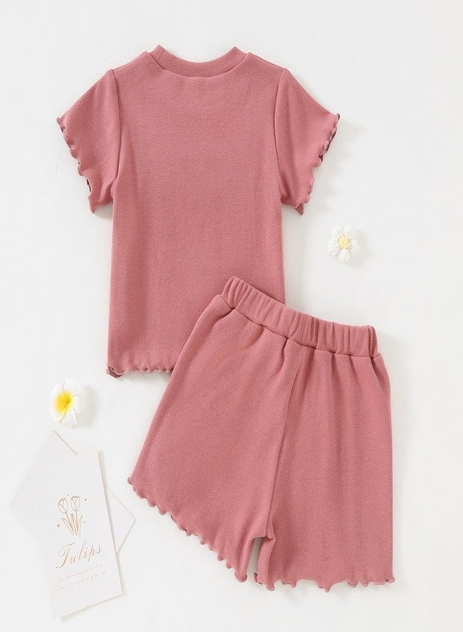 Yvowming Toddler Baby Girl Clothes Outfits,Summer Ruffle Ribbed Flower T Shirt Shorts Set Clothes for Girls (Pink, 4-5T - Image 3